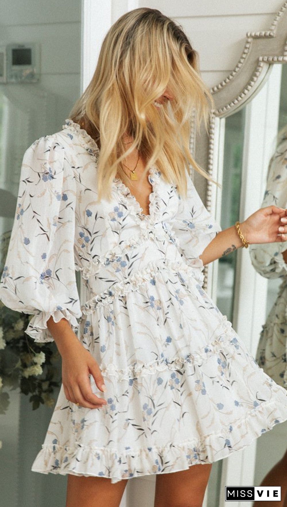 White Floral Plunging Long Sleeve Rompers