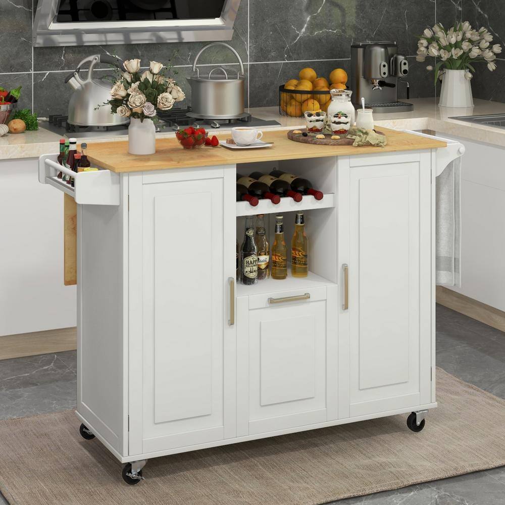 Costway Rolling Kitchen Island Utility Serving Cart with Drop Leaf Wine Rack Drawer White KC53799WH