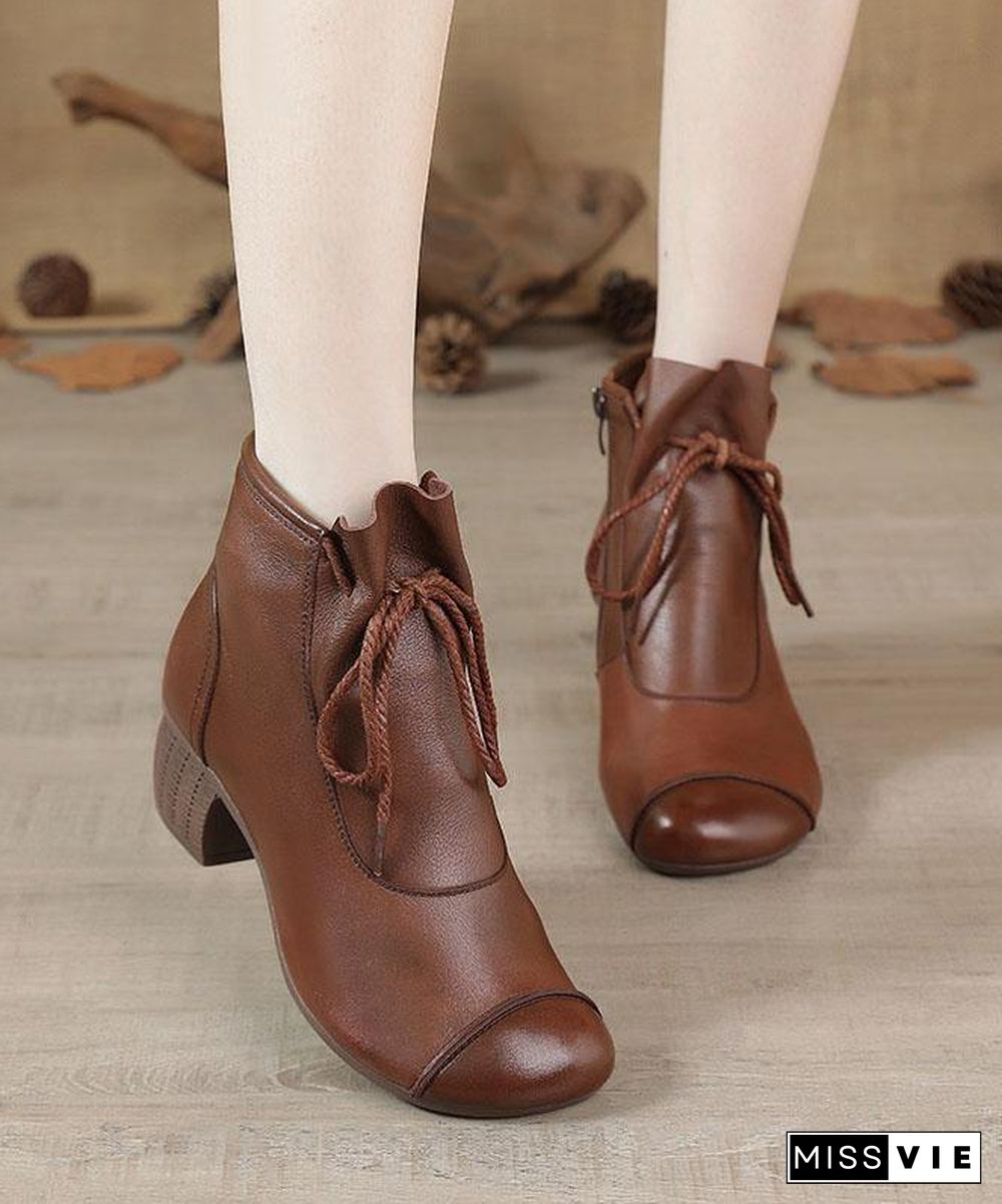 Brown Chunky Cowhide Leather Simple Splicing Ankle boots