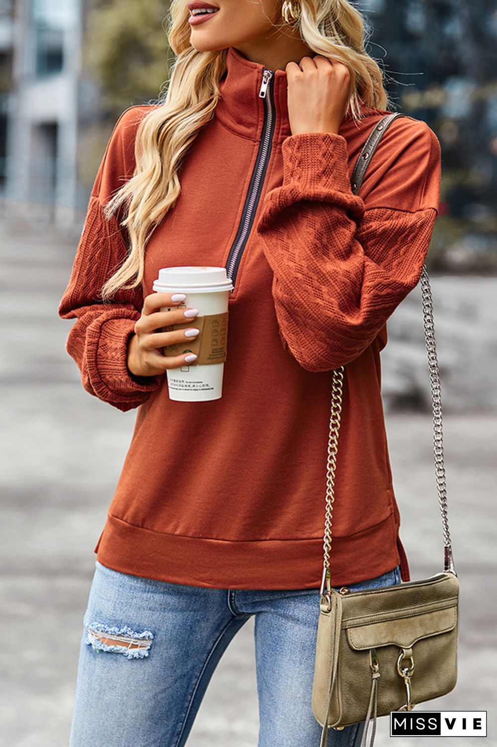 Zipper Down Stand Neck Texture Sleeves Pullover Sweatshirts