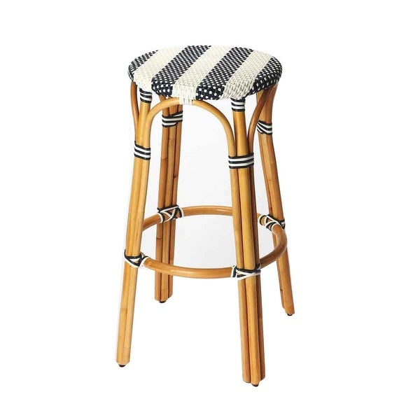 Transitional Blue and White Rattan Round Bar Stool - 15