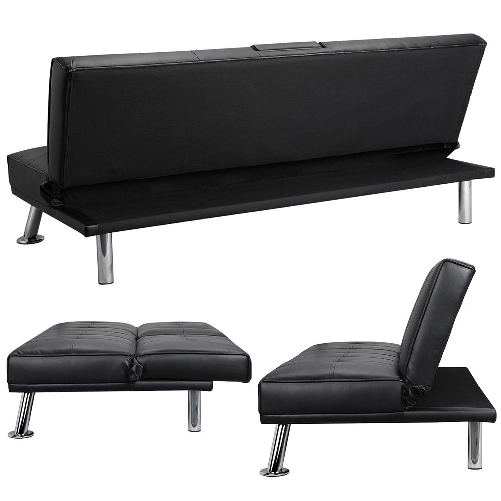 LuxuryGoods Modern Faux Leather Futon with Cupholders and Pillows Black  Crowdfused