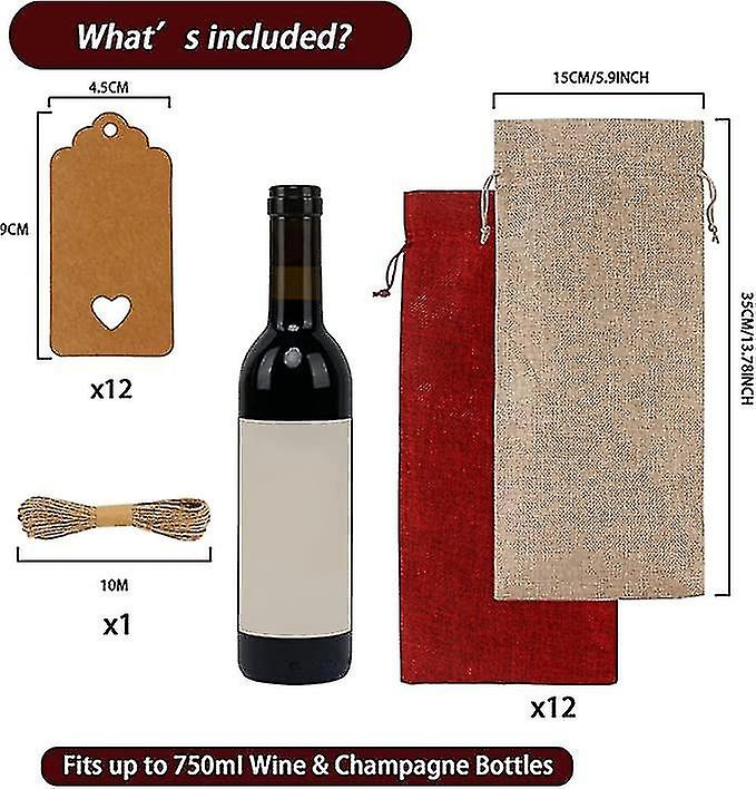 12 Pcs Jute Wine Bottle Gift Bags， 35 X15 Cm Multipack Burlap Bottle Bag With Tags And Drawstring Ba