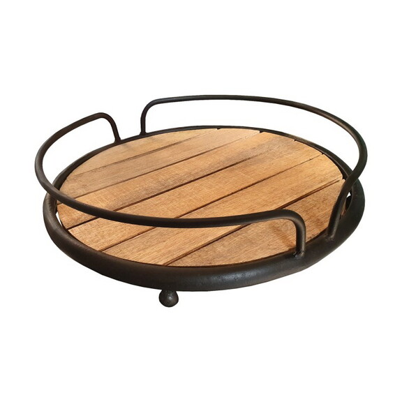 Round Tubular Metal Frame Tray with Plank Style Wo...