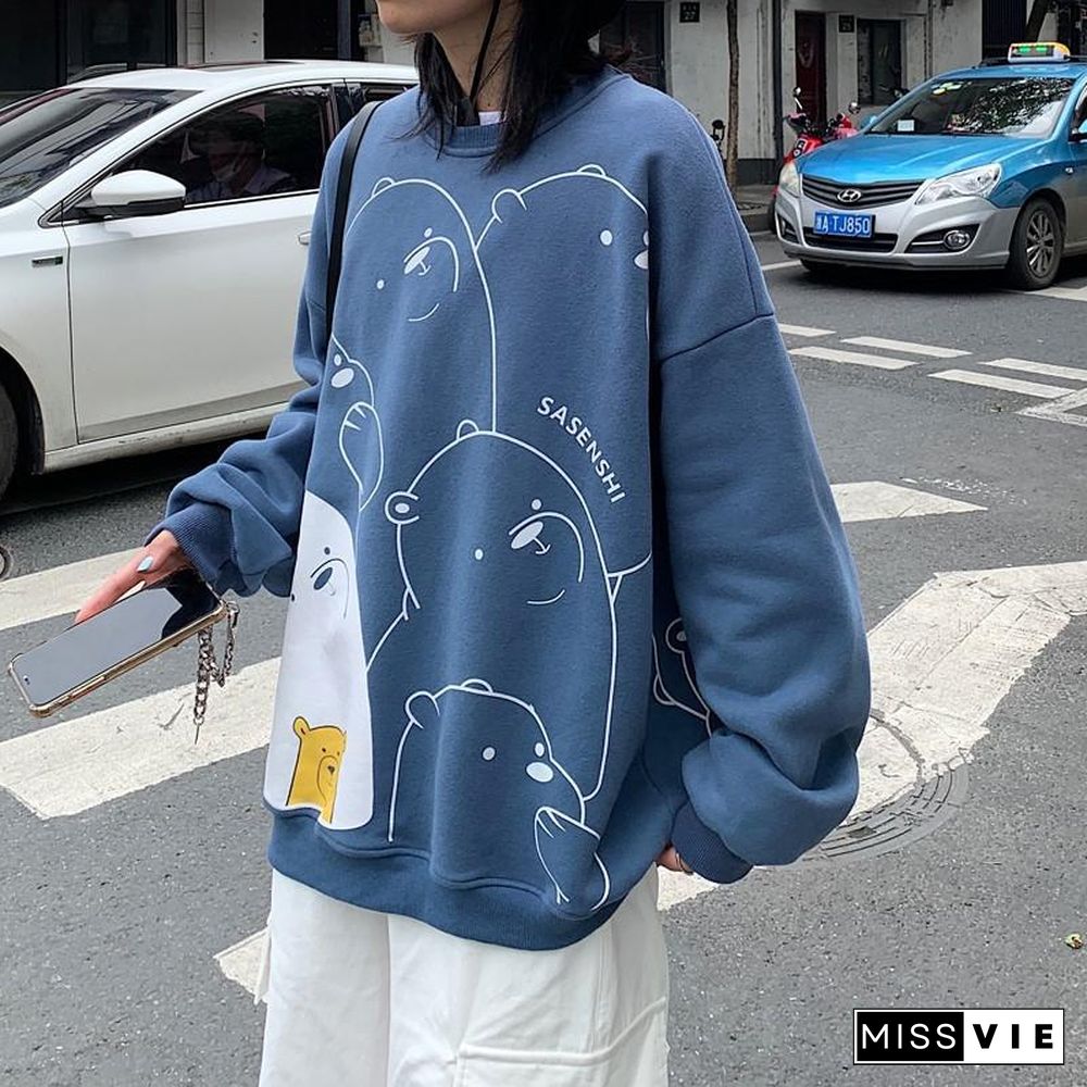 Women'S Sweatshirt Spring Kpop Loose Long-Sleeved Coat Student Cartoon Print Top Harajuku Style Female Jacket Bluza Damska