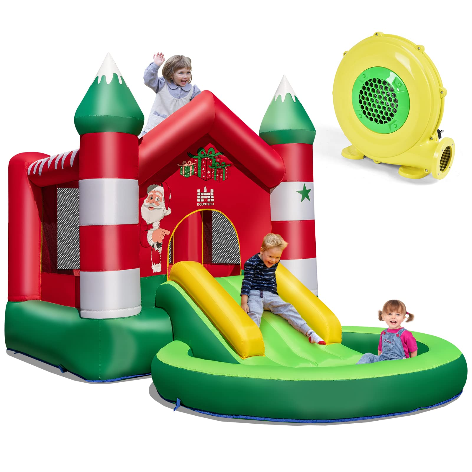 Costzon Inflatable Bounce House, Christmas Bouncy House for Kids Indoor Outdoor Party Family w/Jumping Area, Slide, Ball Pit Pool