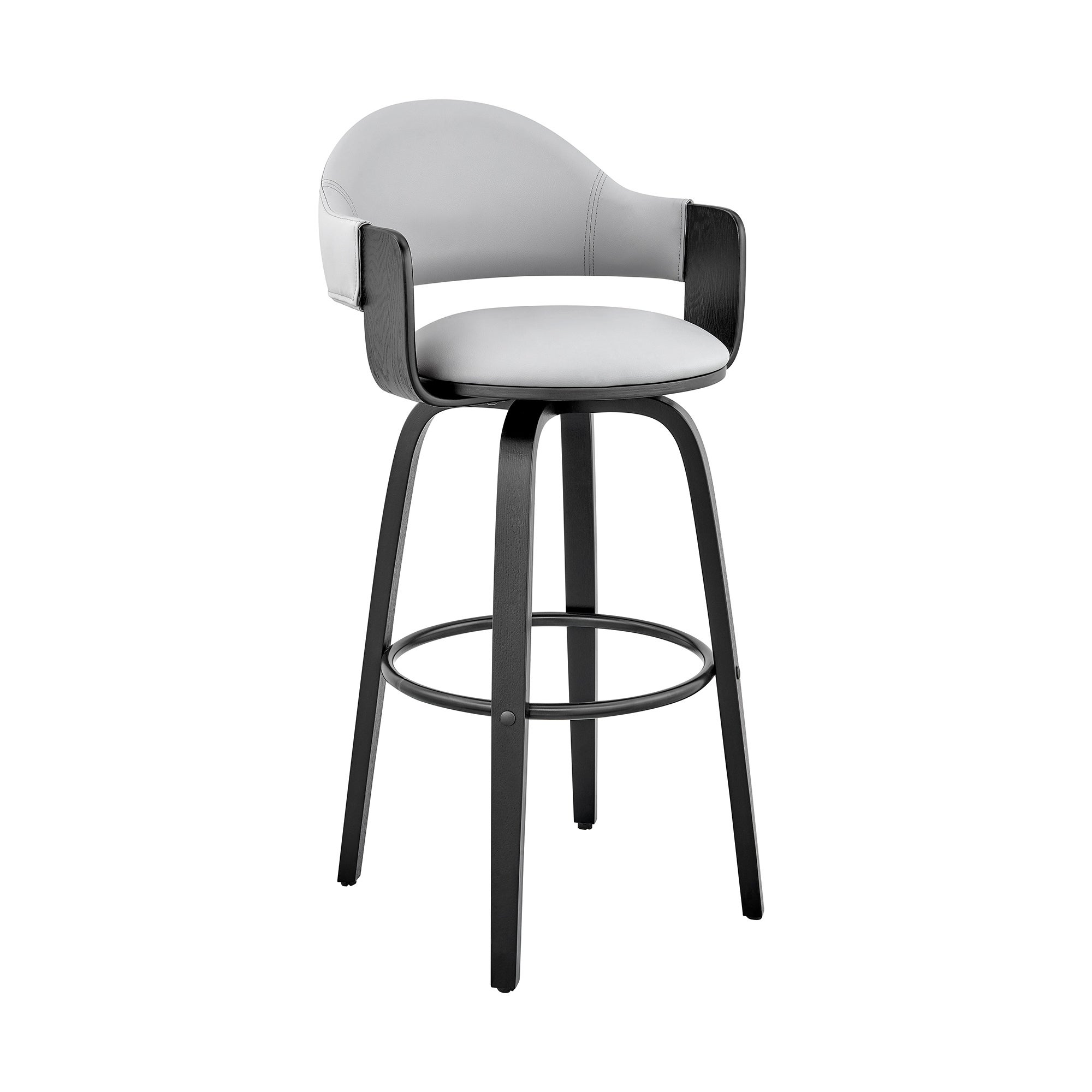 30 Inch Leatherette Barstool with Curved Back， Gray and Black