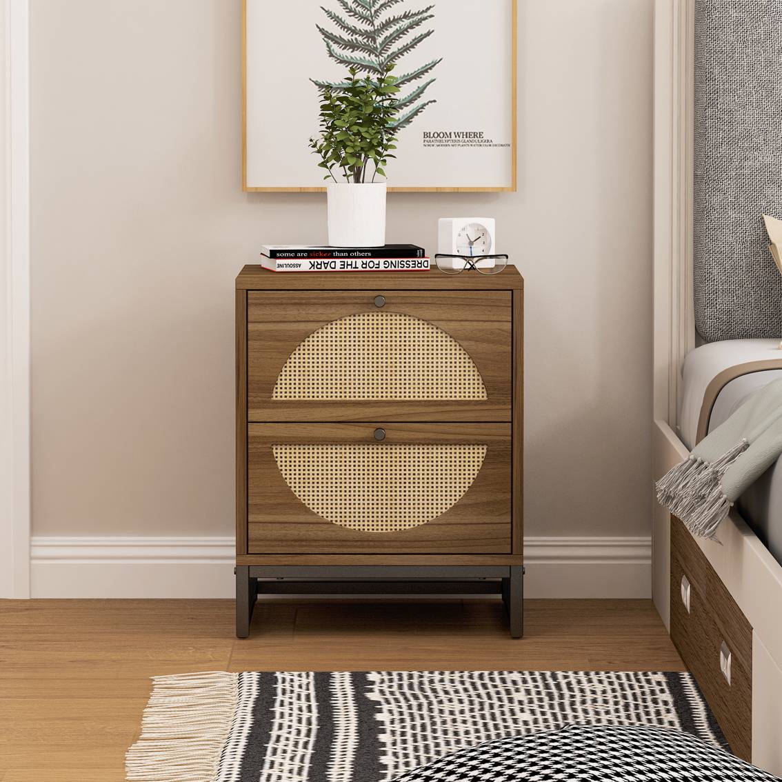 Rattan Nightstand Set of 2 Walnut End Table with 2 Natural Rattan Drawer