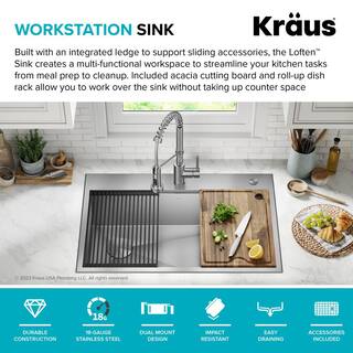 KRAUS Loften 33 in. Drop-inUndermount Single Bowl Stainless Steel Kitchen Workstation Sink with Accessories KWT320-3318