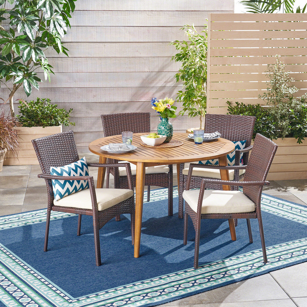 GDF Studio 5 Piece Hoff Outdoor Wood and Wicker Dining Set  Teak/Brown/Creme   Tropical   Outdoor Dining Sets   by GDFStudio  Houzz