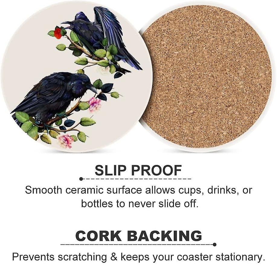 1pc Round Raven With Roses And Leaves Ceramic Coasters With Cork-backed For Coffee Drink Cup Mat Absorbent Stone Coasters