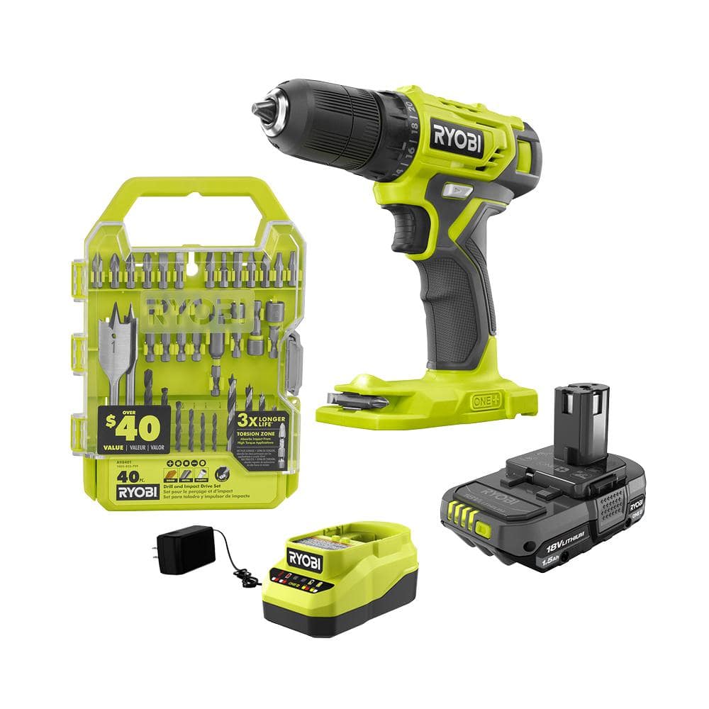 RYOBI ONE+ 18V Cordless 3/8 in. Drill/Driver Kit with 1.5 Ah Battery, Charger, and Drill and Impact Drive Kit (40-Piece) PDD209K-A98401