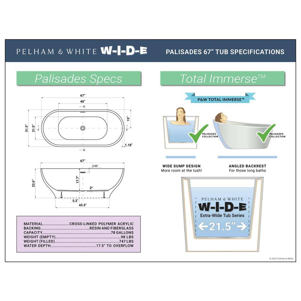 PELHAM  WHITE W-I-D-E Series Palisades 67 in. Acrylic Oval Freestanding Bathtub in White Floor-Mount Faucet in Matte Black PW9562079X-MB