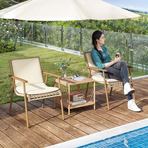 Moasis 3Pieces Wicker Bistro Set Outdoor Rattan Furniture with Beige Cushion and Coffee Table