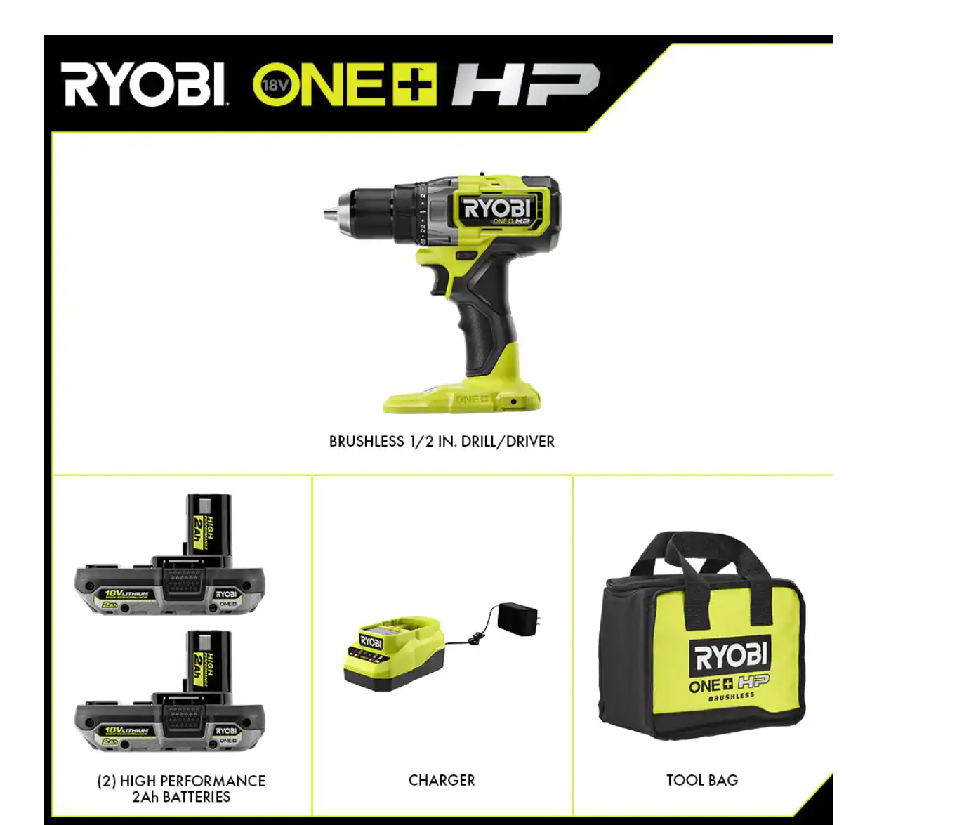 RYOBI PBLDD01K-A989504 ONE+ HP 18V Brushless Cordless 1/2 in. Drill/Driver Kit w/(2) Batteries， Charger， Bag， and Drill and Drive Kit (95-Piece)