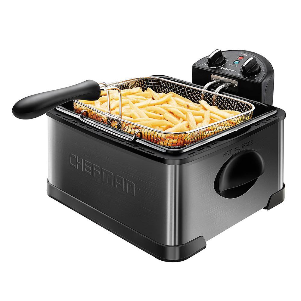 Chefman Deep Fryer with Basket Strainer 4.5 Liter XL Perfect Chicken Shrimp French Fries and Chips Removable Oil Container Black RJ07-45-SS-BLACK