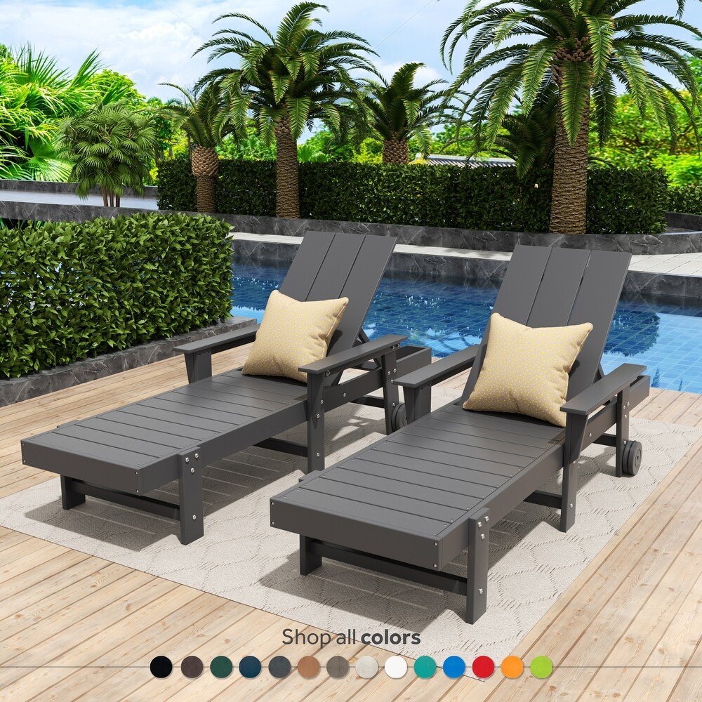 POLYTRENDS Shoreside Modern Poly Reclining Eco Friendly  Weather Chaise Lounge With Arms   Wheels (Set Of 2)