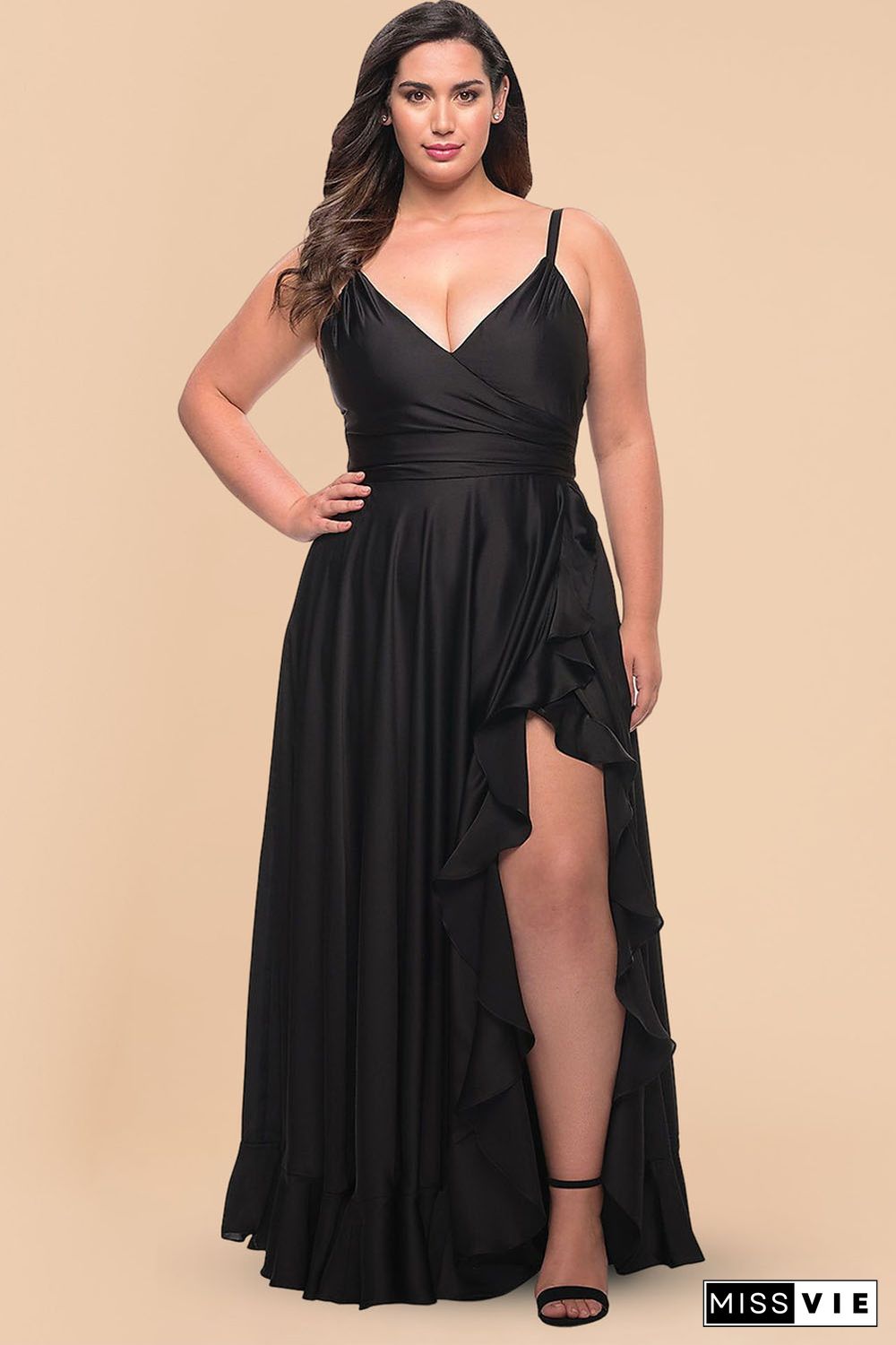 Black Ruffled Thigh High Slit Sleeveless Plus Size Evening Dress