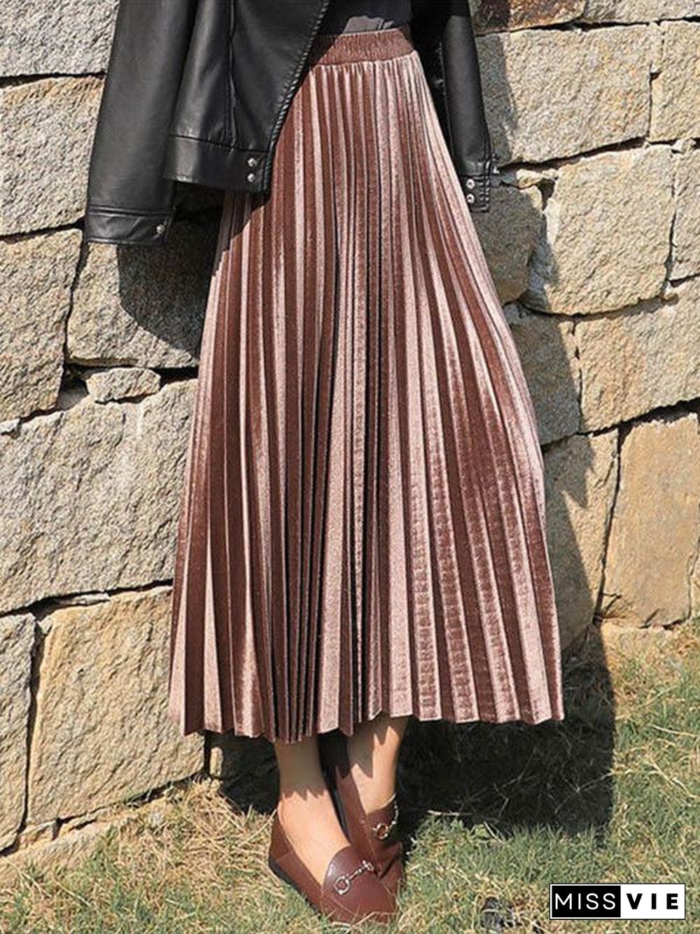 Solid Color High-Waist Pleated A-Line Skirt