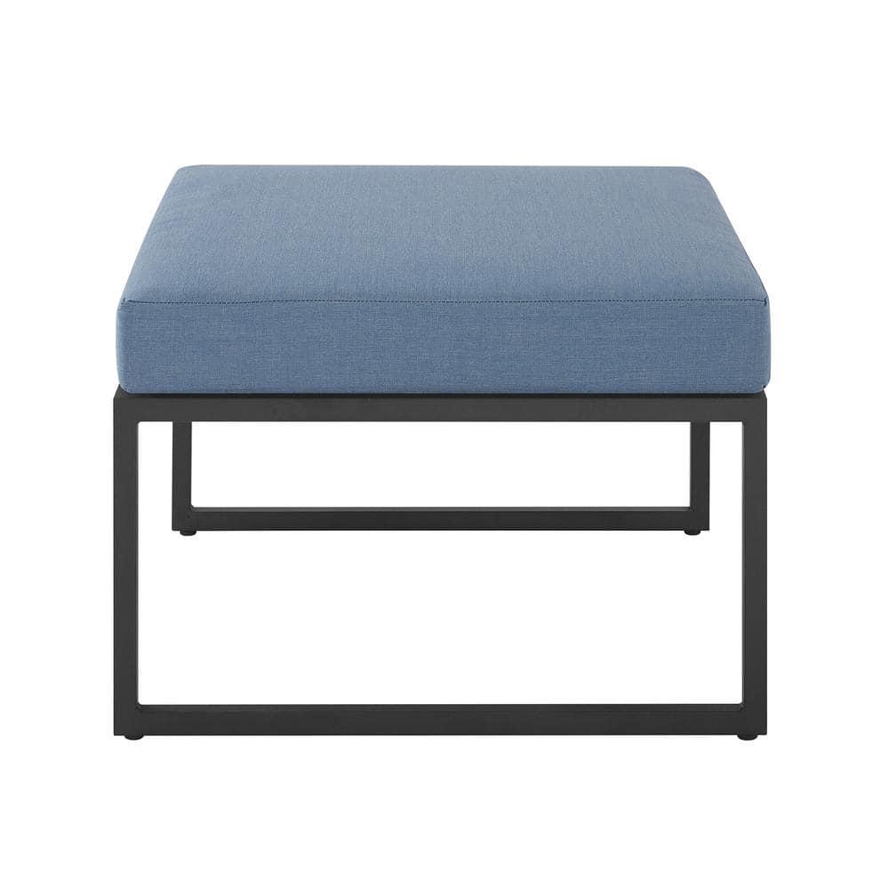 Welwick Designs Metal Modern Outdoor Patio Ottoman with Blue Cushion