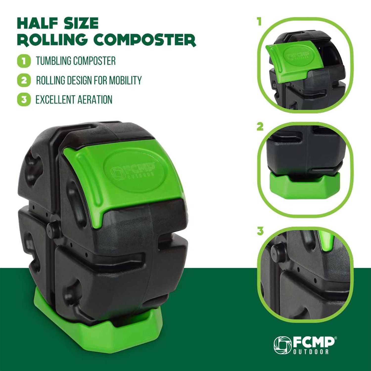 FCMP Outdoor Half Size 19 Gallon Plastic Rolling Composter Tumbler Bin， Green