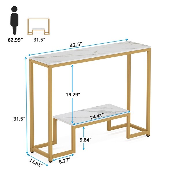 White/ Gold Faux Marble 2-Tier Console Accent Table with Open Storage Shelf， Mid -century Modern Entraway Table