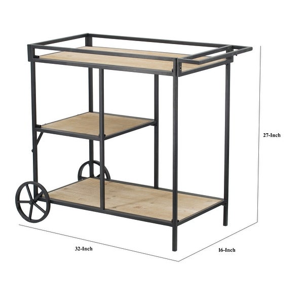 32 Inch Bar Cart， 3 Tiers， Fir Wood Shelves， Iron Frame， Black， Brown