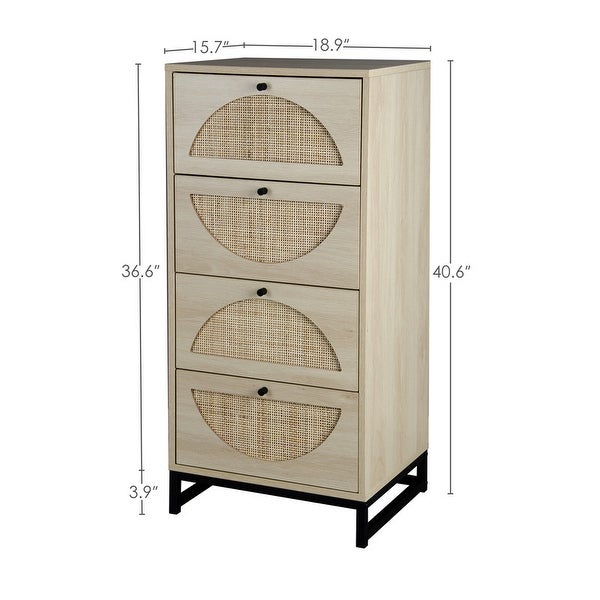 Natural Wood Rattan 4-Drawer Narrow Storage Cabinet Chest Dresser - - 36862266