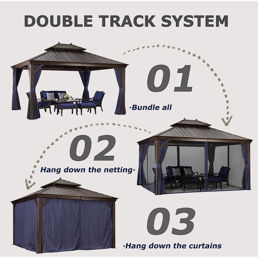 PURPLE LEAF Hardtop Aluminum Gazebo with Curtains and Netting  Double Roof Patio Gazebo