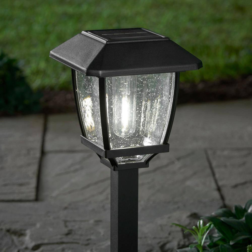 Hampton Bay Lincoln 14 Lumens Solar Black LED Path Light with Seedy Glass Lens and Vintage Bulb (4-Pack) SPP51000122PK4