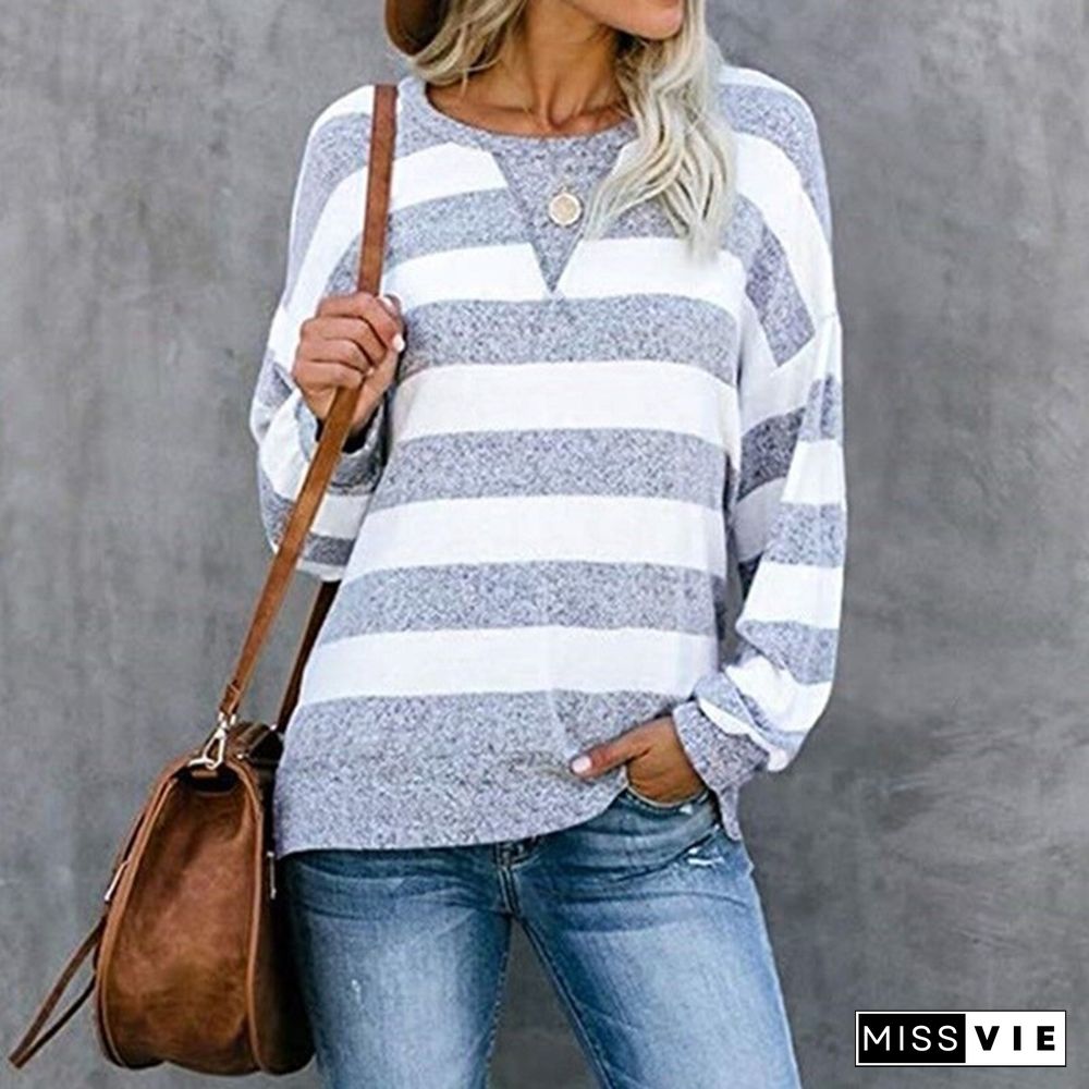 New Women Fashion Long Sleeve O Neck Striped Loose Plus Size Spring Pullover T-shirt Blouse