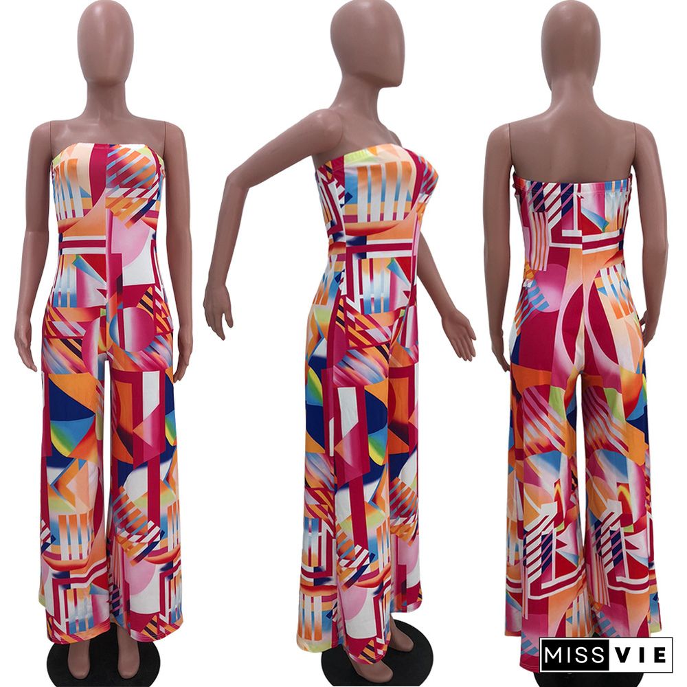 Sexy Multicolor Printed Strapless Flared Jumpsuit