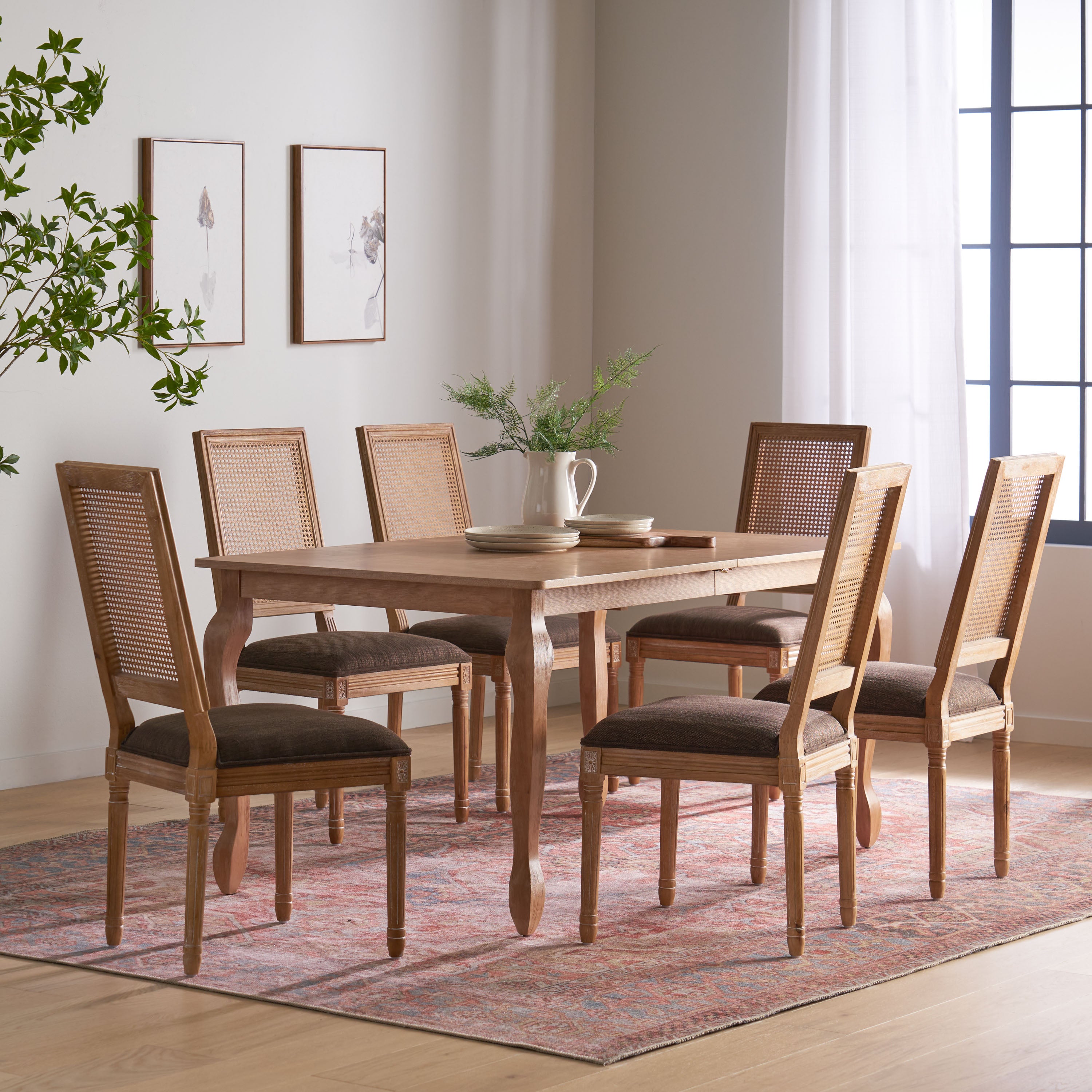 Fernleaf French Country Fabric Upholstered Wood and Cane Expandable 7 Piece Dining Set