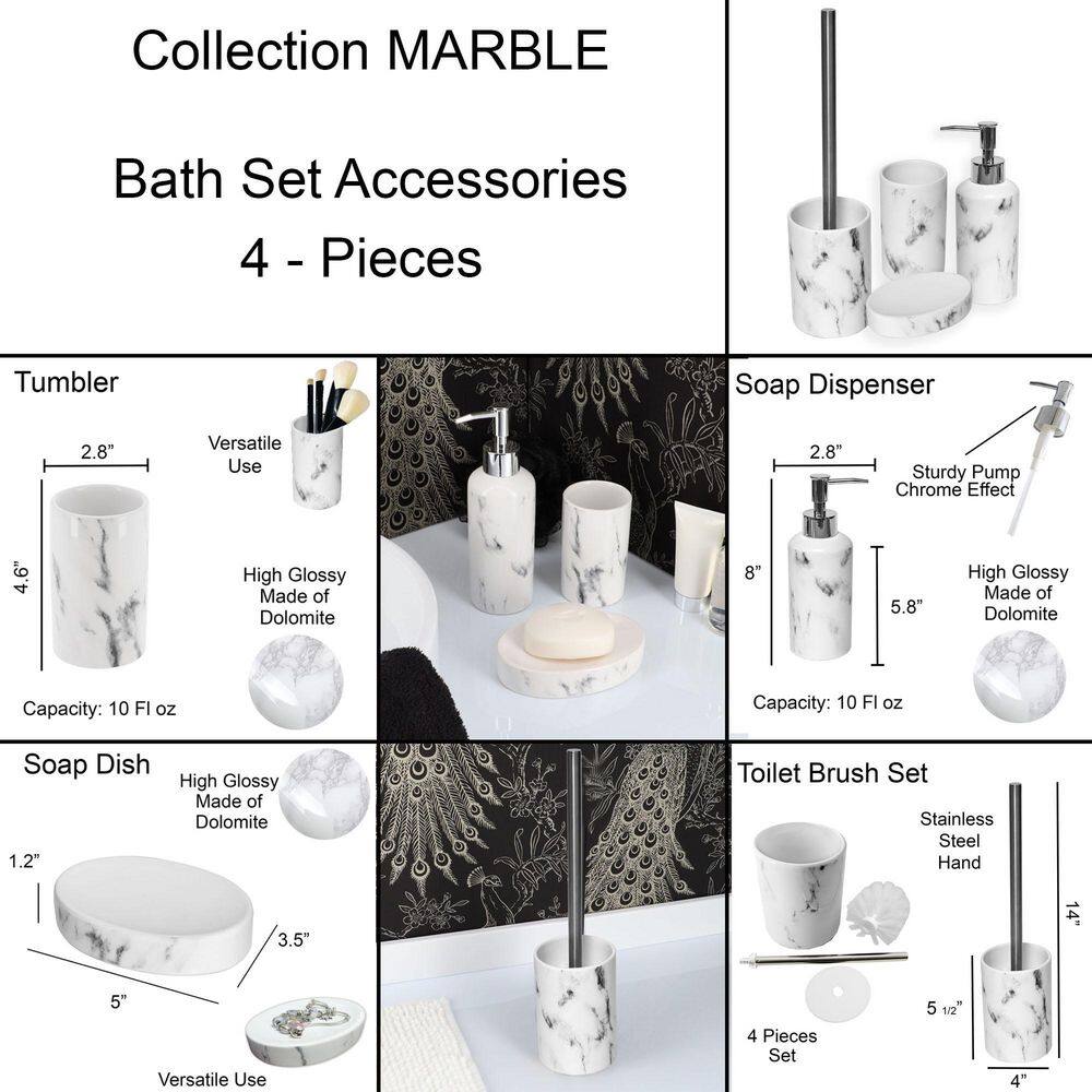 Marble  4-Pieces Bath Accessory Set with Soap Pump Tumbler Soap Dish and Toilet Brush Holder in Dolomite White SET4MARBLE-6182