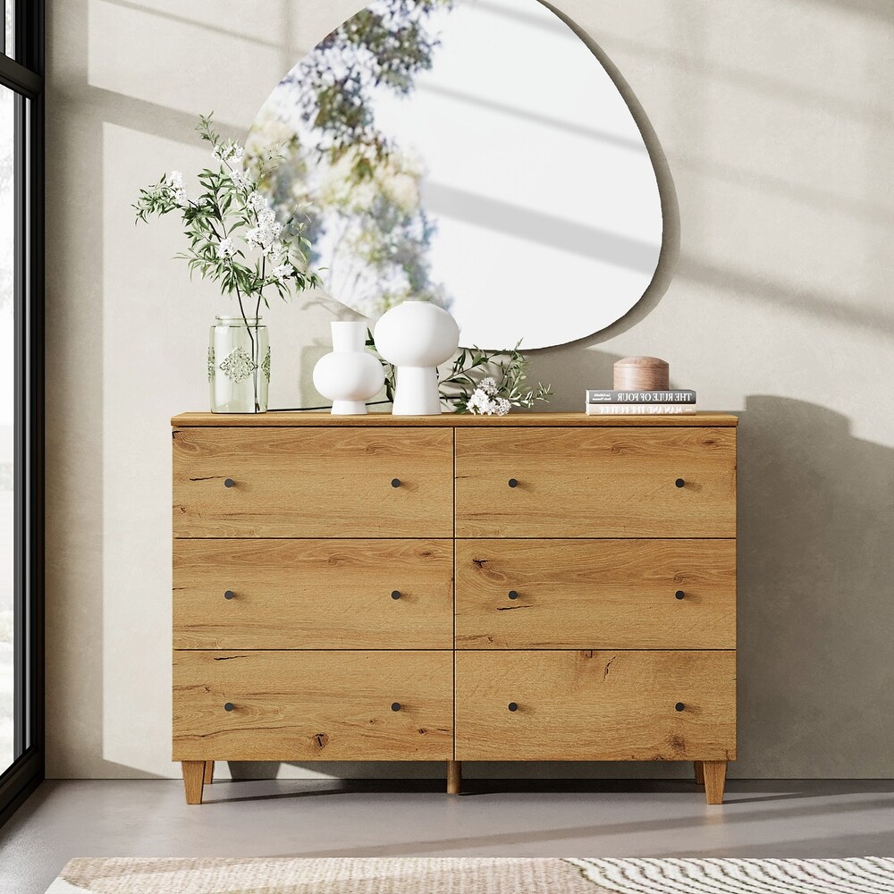 6 Drawers Dresser for Bedroom  Wooden Wide Chest of Drawers