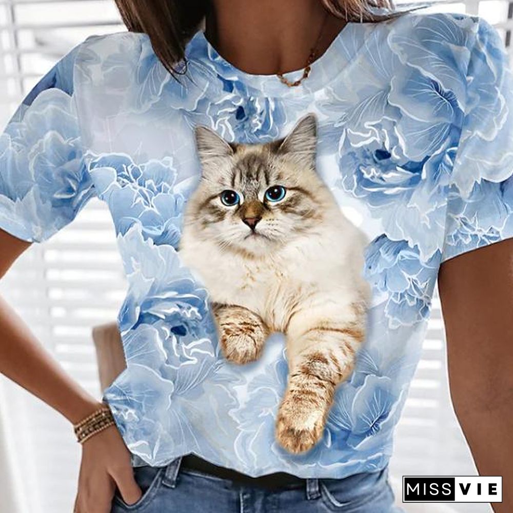 Vivid Cat And Flower Pattern Creative T-Shirt