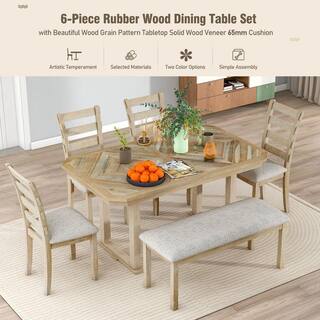 Harper  Bright Designs 6-Piece Natural Beautiful Wood Grain Rubber Wood Dining Table Set with 4 Chairs and 1 Bench XW056AAD