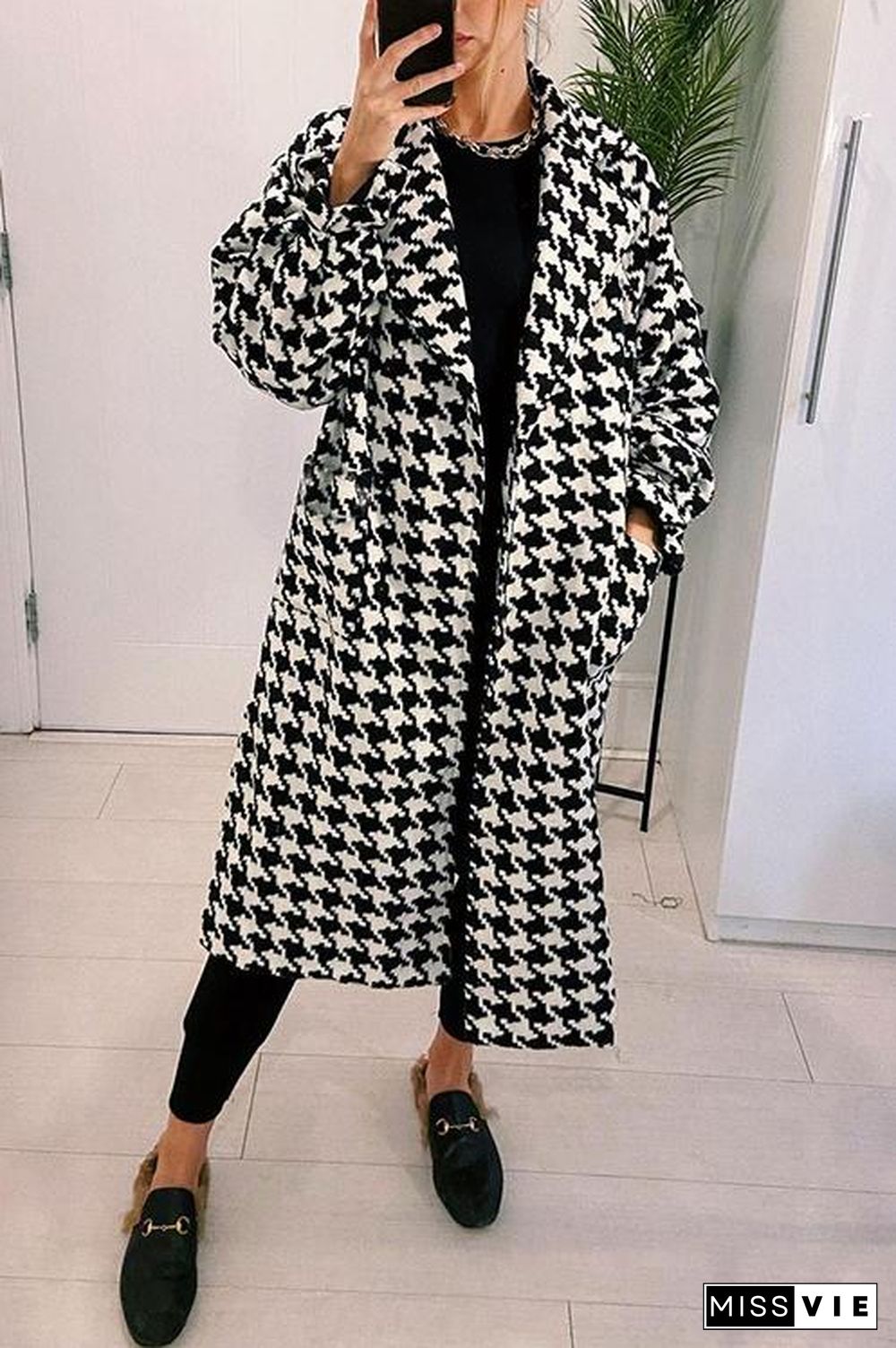 Houndstooth Lapel Woolen Coat