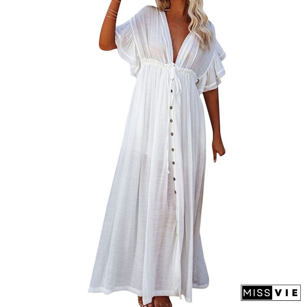 Woman Bohemian Boho Fashion Elegant Sexy V Neck Bikini Cover-ups Long White Tunic Casual Summer BeachDress Elegant Women BeachWear Swim Suit Cover Up Loose Maxi Pregnant Maternity Dresses Plus Size