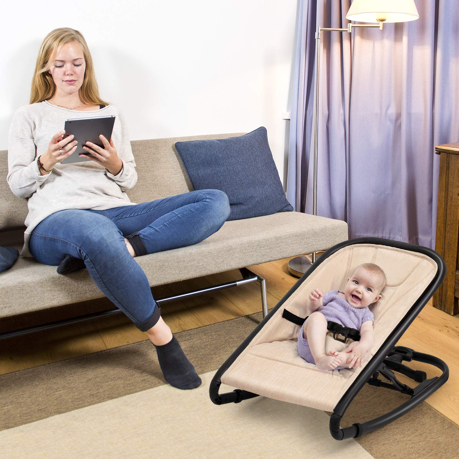 BABY JOY 2 in 1 Baby Rocker, Portable Baby Bouncer Seat w/ 2 Adjustable Recline Positions