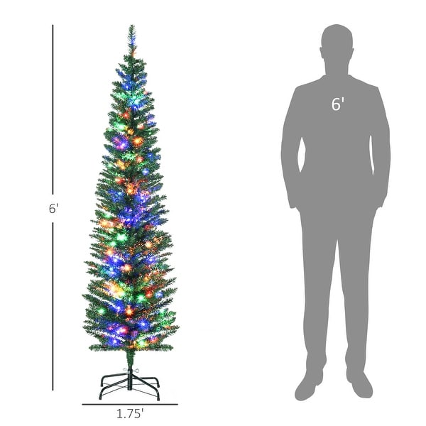 HOMCOM 6ft Tall Pencil Prelit Artificial Christmas Tree Holiday Décor with 390 Branches，150 Colorful LED Lights，Steel Base