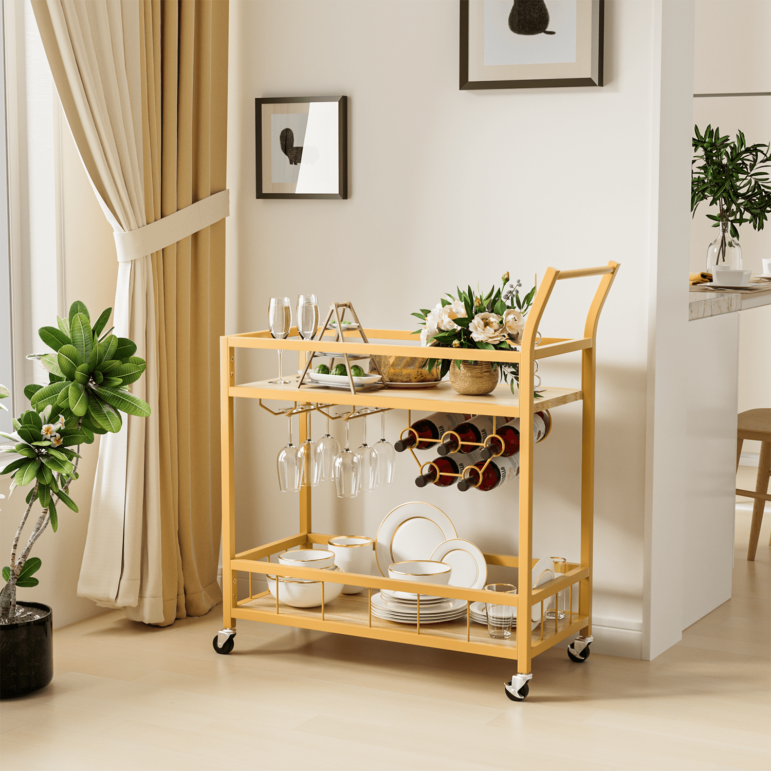 Lacoo Bar Cart Gold， Home Bar Serving Cart， Wine Cart with 2 Shelves， Wine Holders， Glass Holders， for Kitchen， Dining Room， Gold