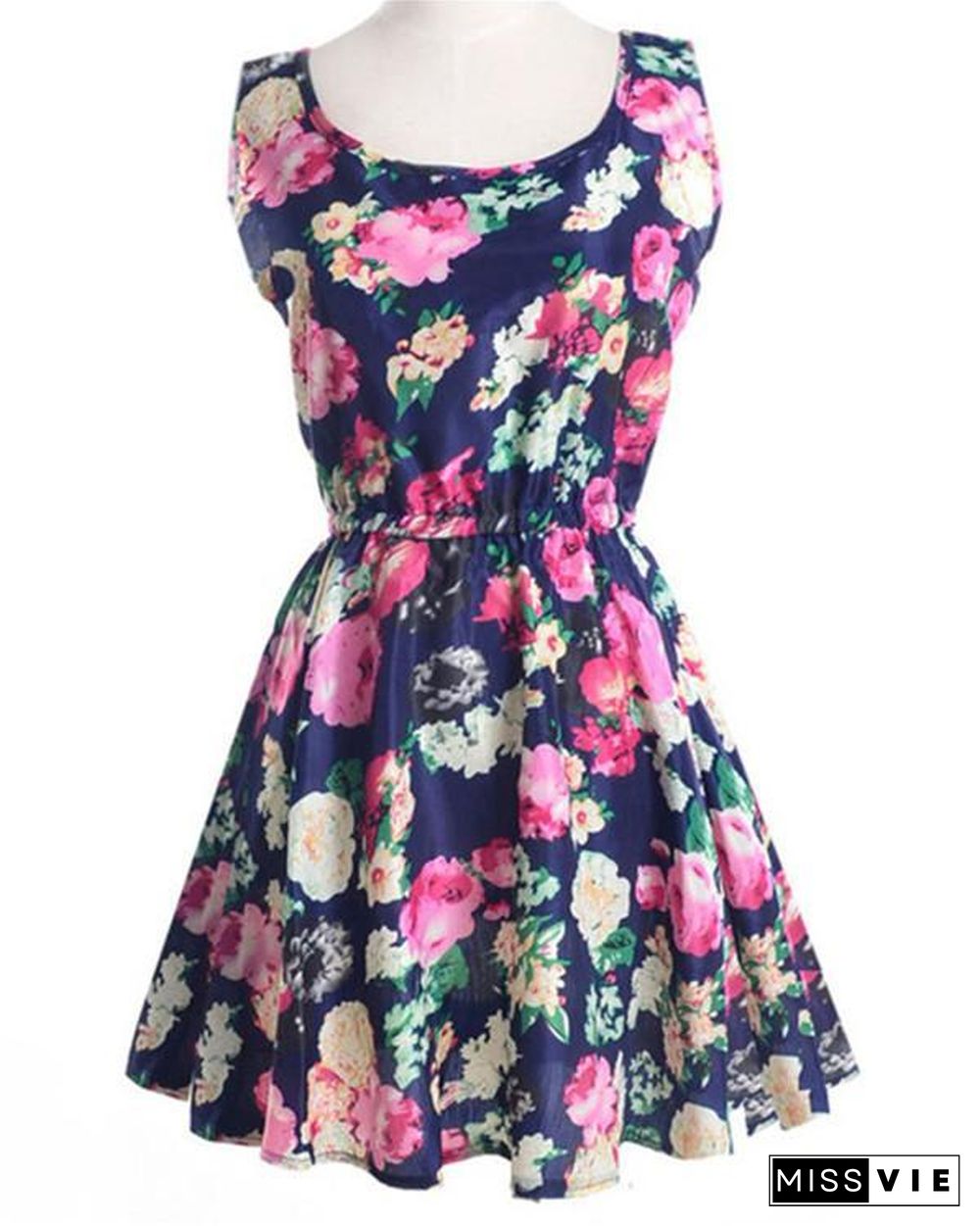 Floral Printed Sleeveless Crew Neck Women Mini Dress