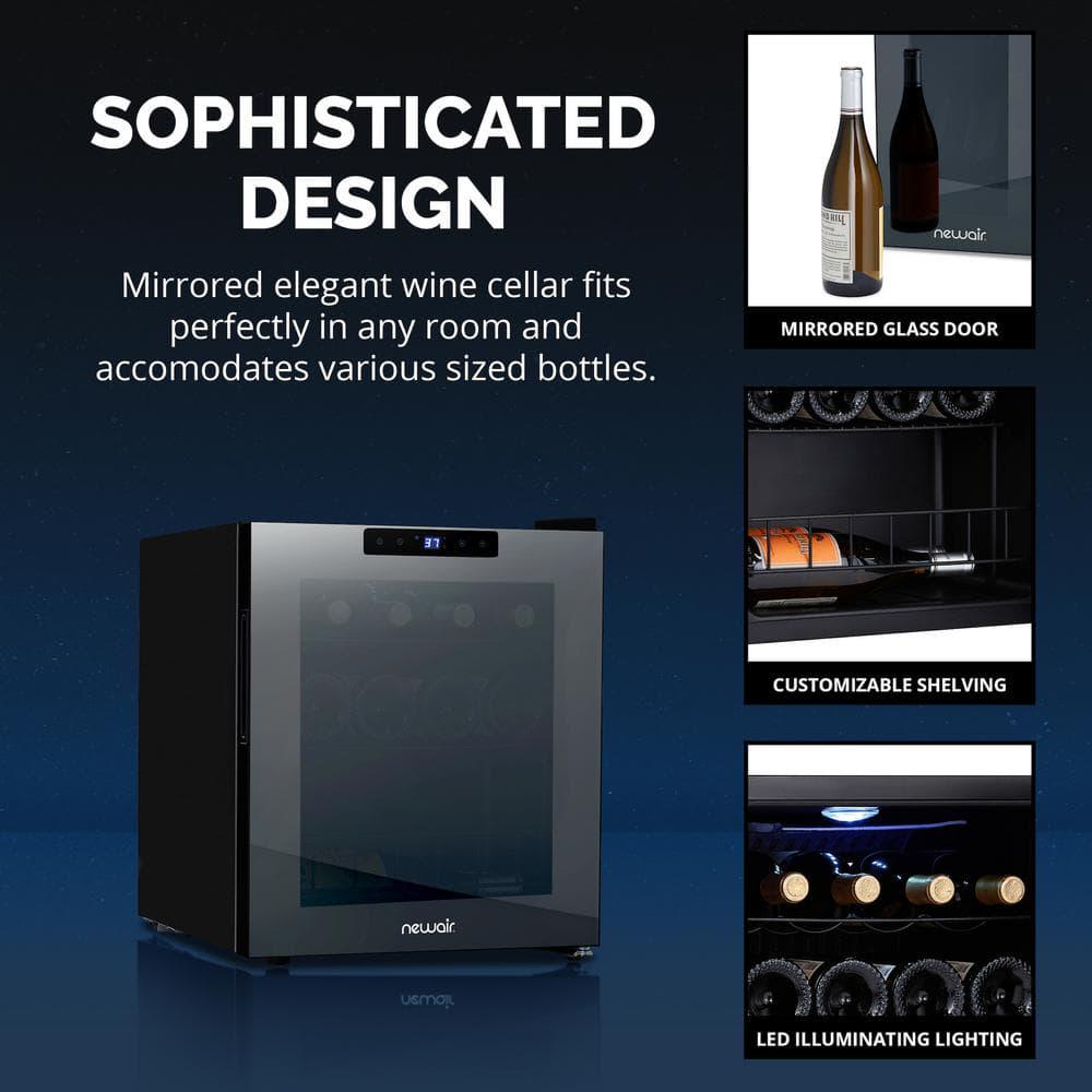 NewAir Shadow Series Wine Cooler Refrigerator 16 Bottle Freestanding Mirrored Wine Fridge with DoubleLayer Tempered Glass