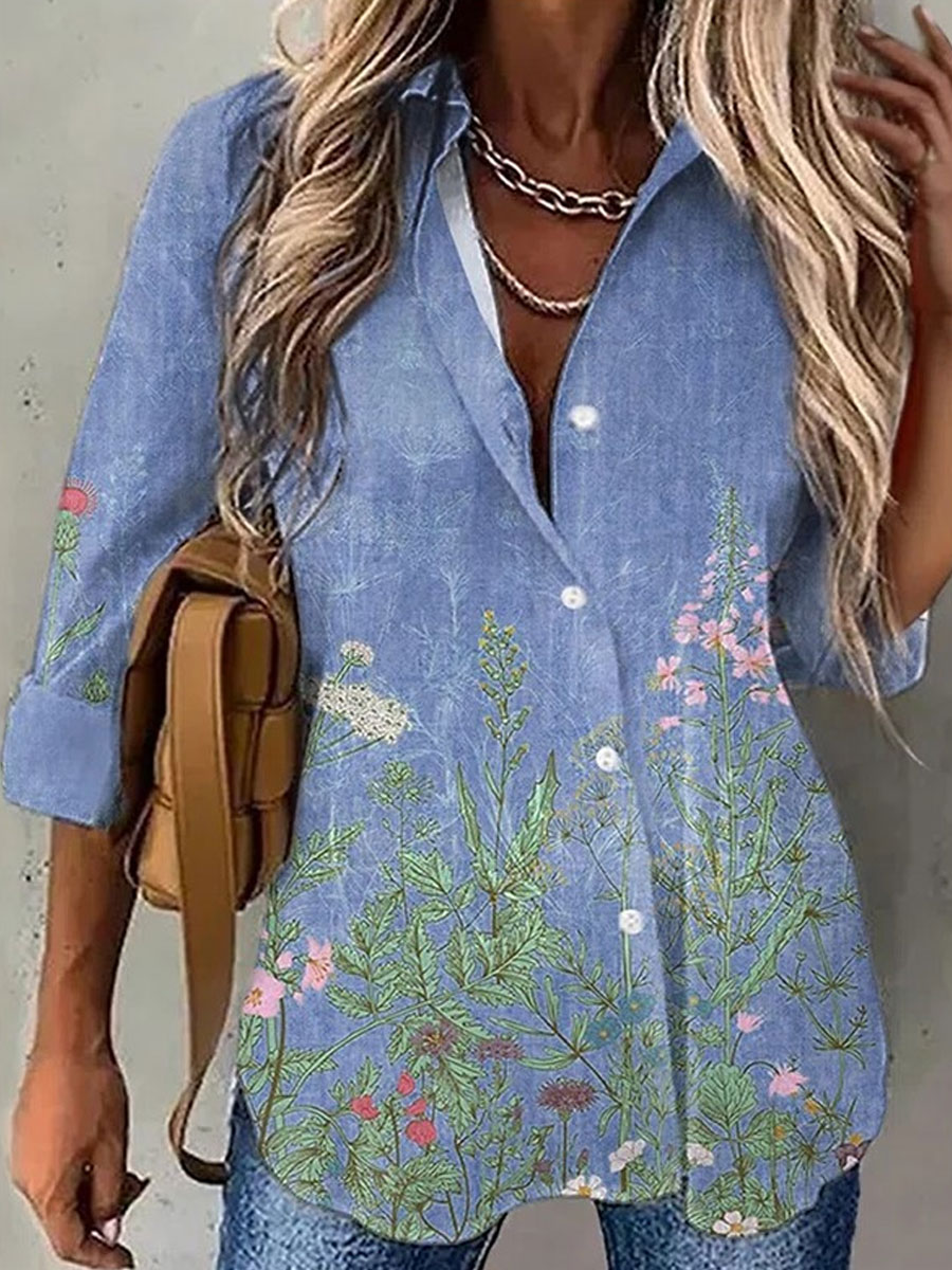 Casual Loose Dandelion Print Long Sleeve Blouse