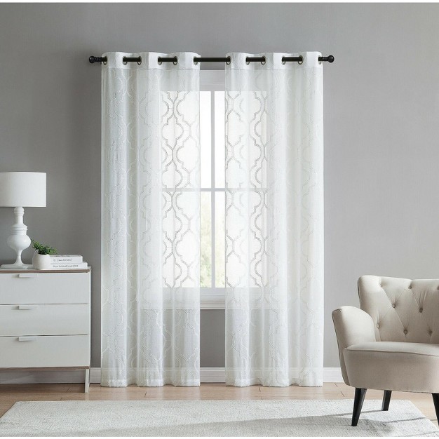 Kate Aurora 2 Piece Charlotte Clover Trellis Grommet Top Sheer Voile Window Curtain Panels