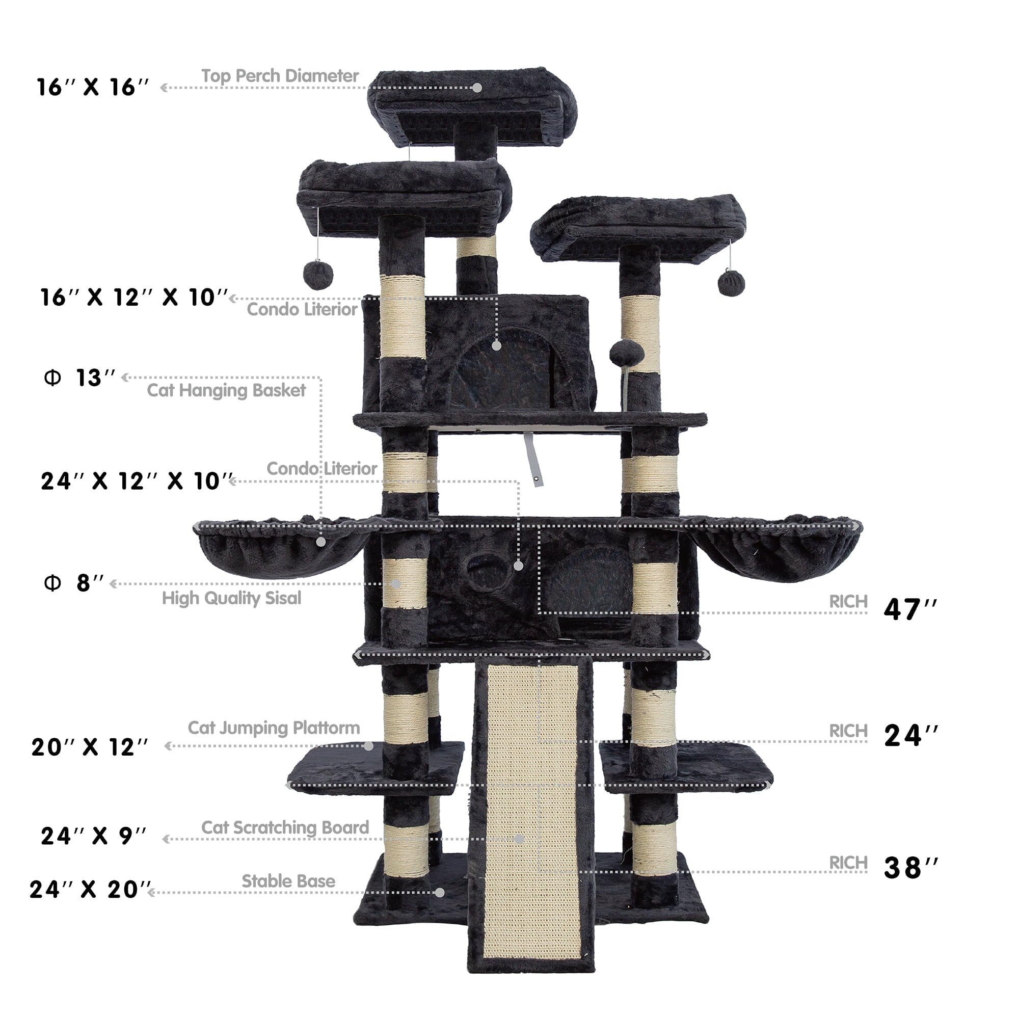 68 Inches Multi-Level Cat Tree Large,Big Cat Tower with Sisal Scratching Posts,Grooming Arch,Cozy Plush Cat Perches and Hammocks,Cat Activity Center Cat Condo Play House