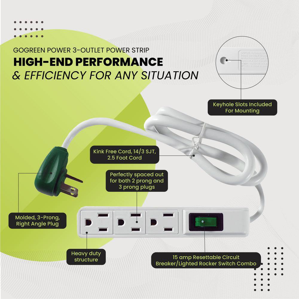 GoGreen Power 3 Outlet Power Strip Surge Protector with 2.5 ft. Heavy Duty Cord GG-13002MS