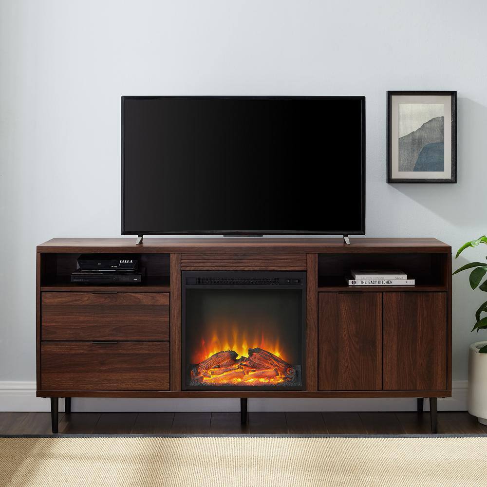 Welwick Designs 60 in. Dark Walnut Composite TV Stand with 2 Drawer Fits TVs Up to 66 in. with Electric Fireplace HD8345