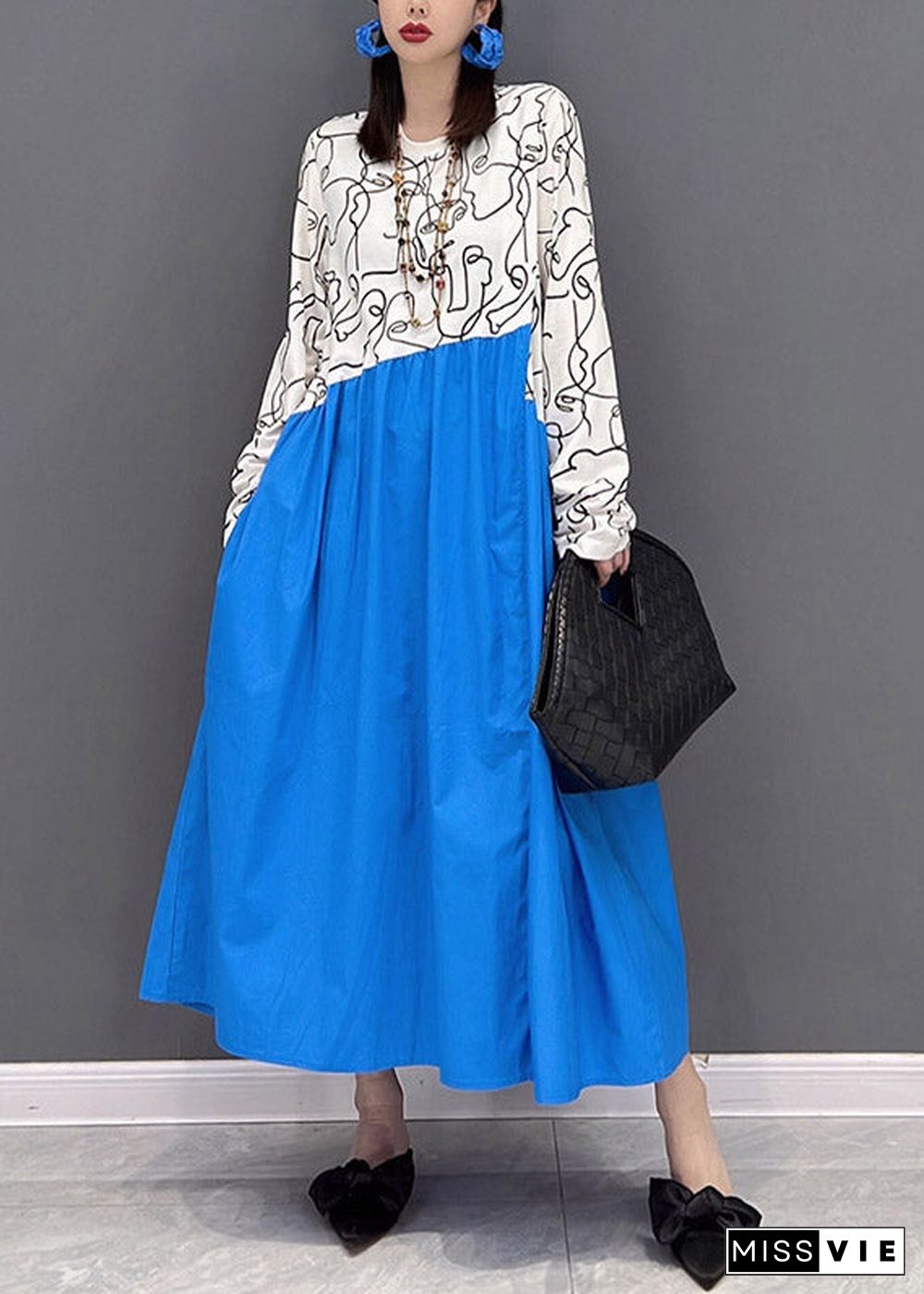 Casual Colorblock O-Neck Print Patchwork holiday Dress Long sleeve